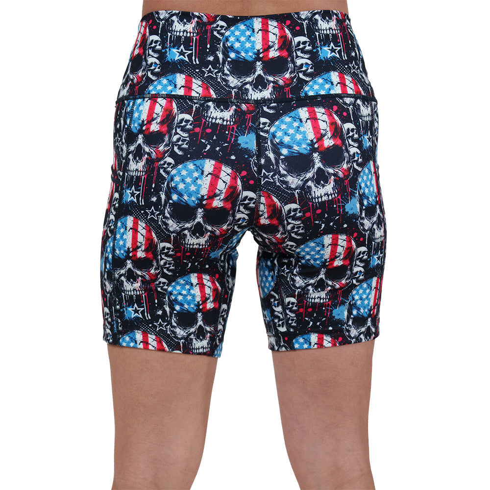 back of the red, white and blue skull patterned shorts