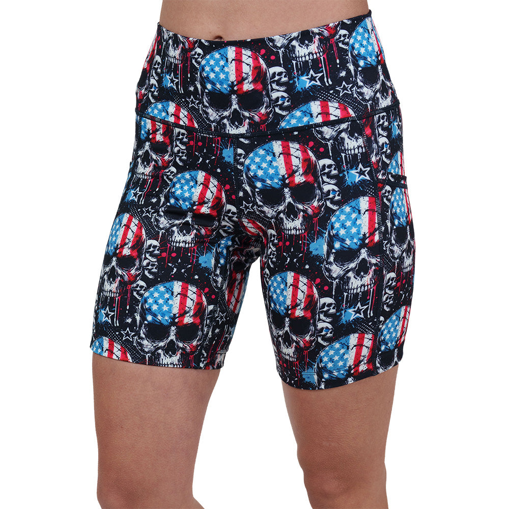 red, white and blue skull patterned shorts