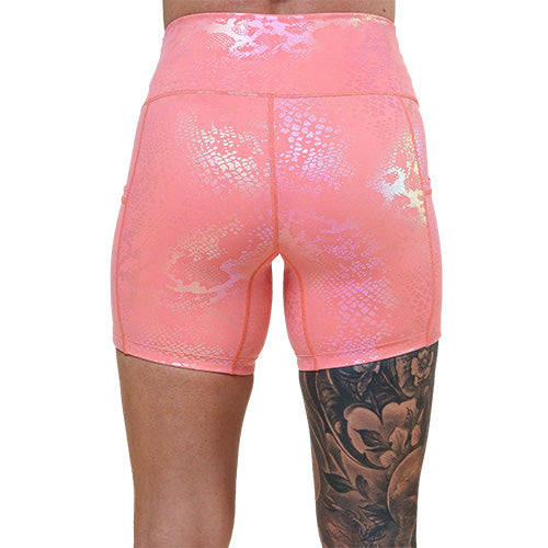 back of 5 inch pink iridescent shorts