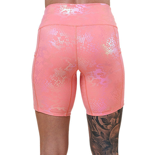 back of 7 inch pink iridescent shorts