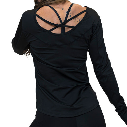 back design of a black long sleeve shirt