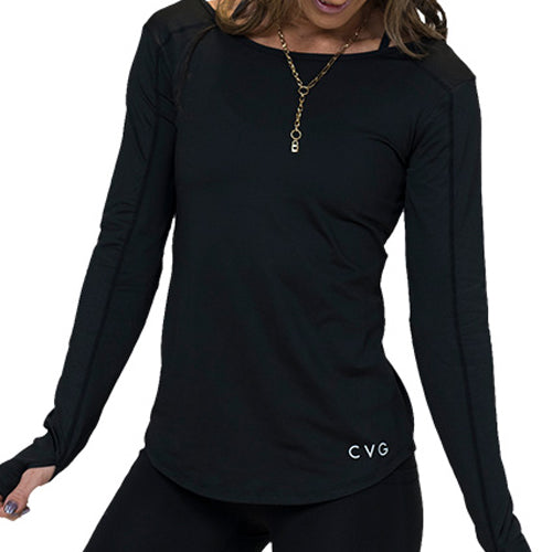 model wearing a black long sleeve shirt