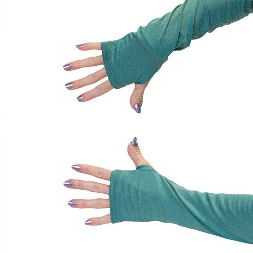 thumbholes on a sea green long sleeve shirt