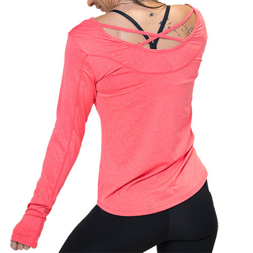 back of a watermelon pink long sleeve shirt