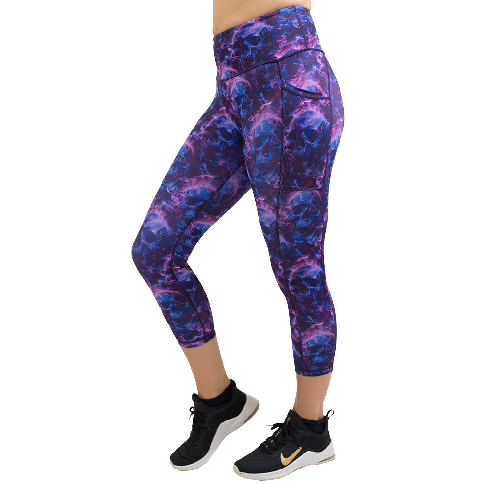 purple and blue skull and flames patterned leggings