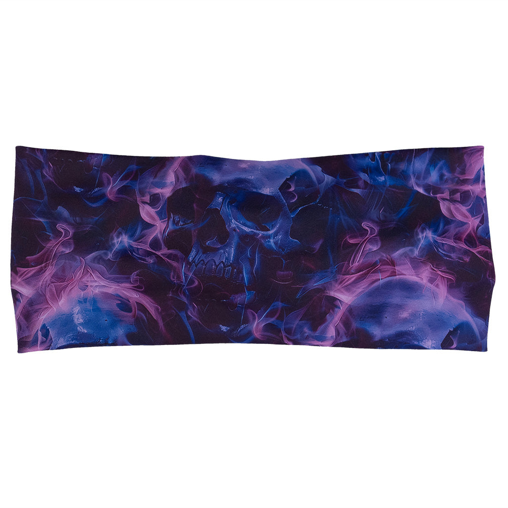 purple and blue skull and flames patterned headband