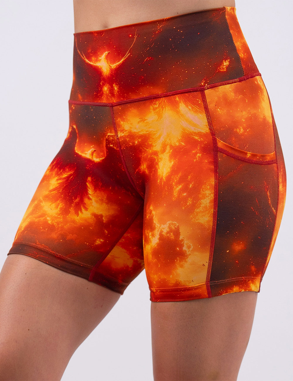 front of the 5 inch phoenix surrounded by fire shorts against a white background