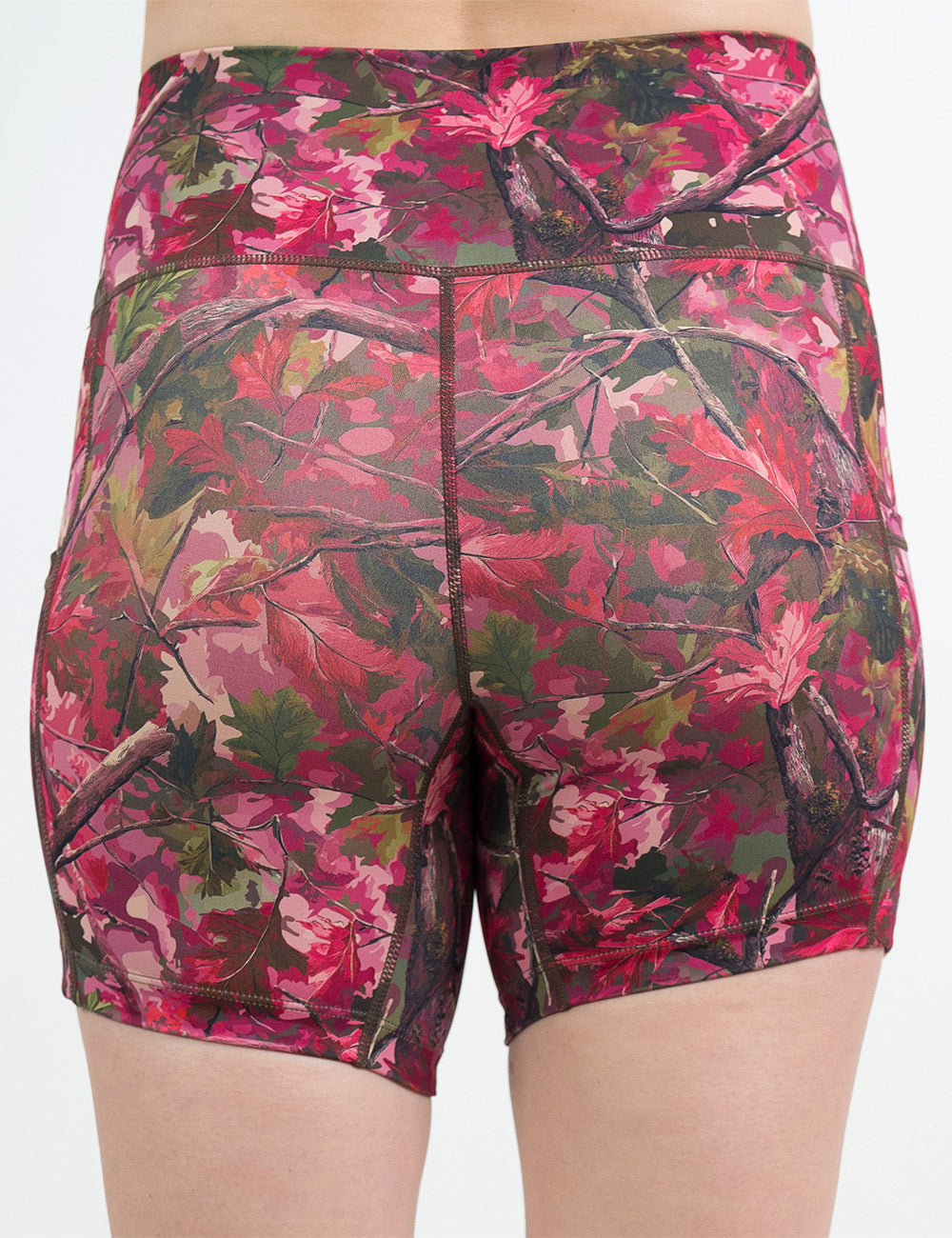 back of the 5 inch pink forest camo shorts against a white background