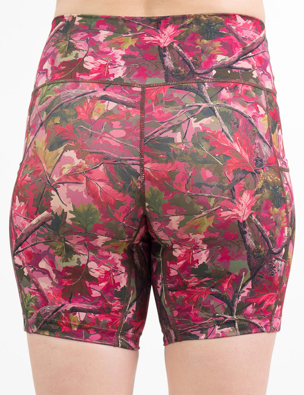 back of the 7 inch pink forest camo shorts against a white background