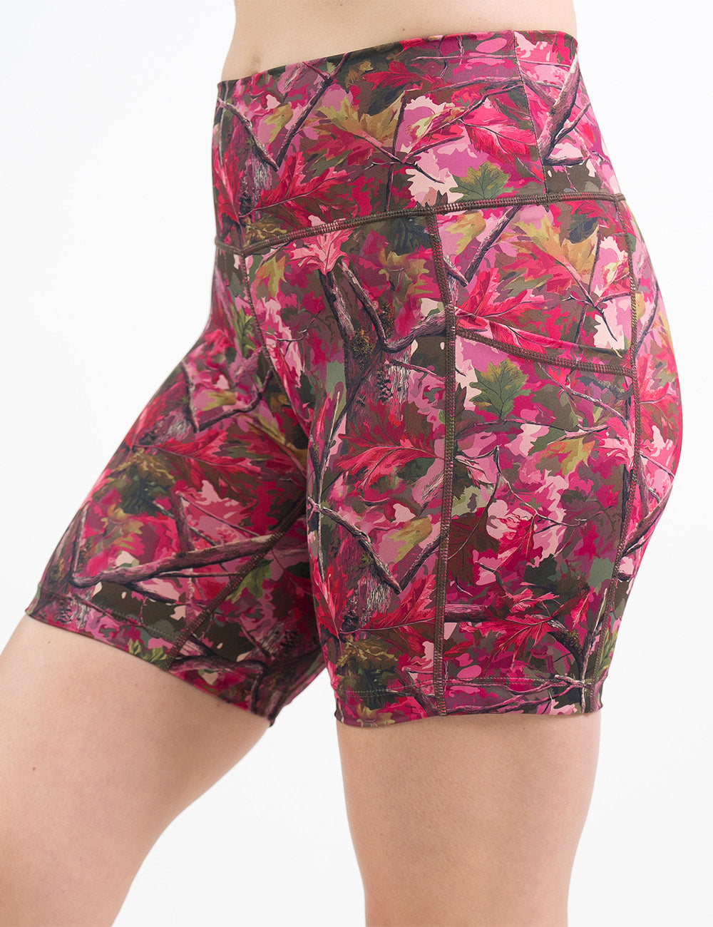 front of the 7 inch pink forest camo shorts against a white background