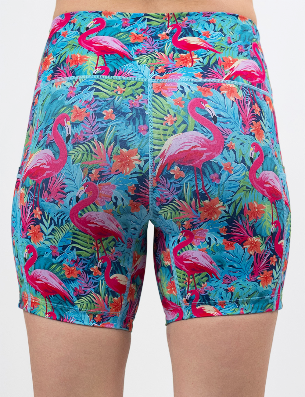 back of the 5 inch colorful flamingo print shorts against a white background