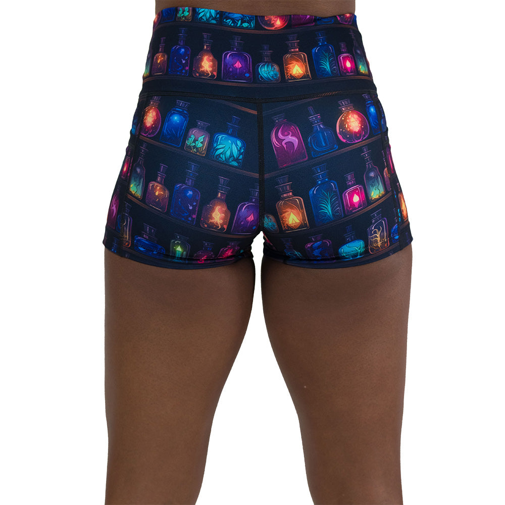 back of the 2.5 inch potions patterned shorts