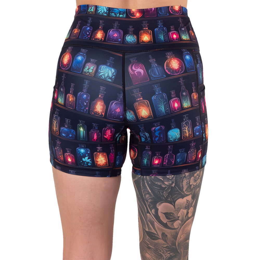 back of the 5 inch potions patterned shorts