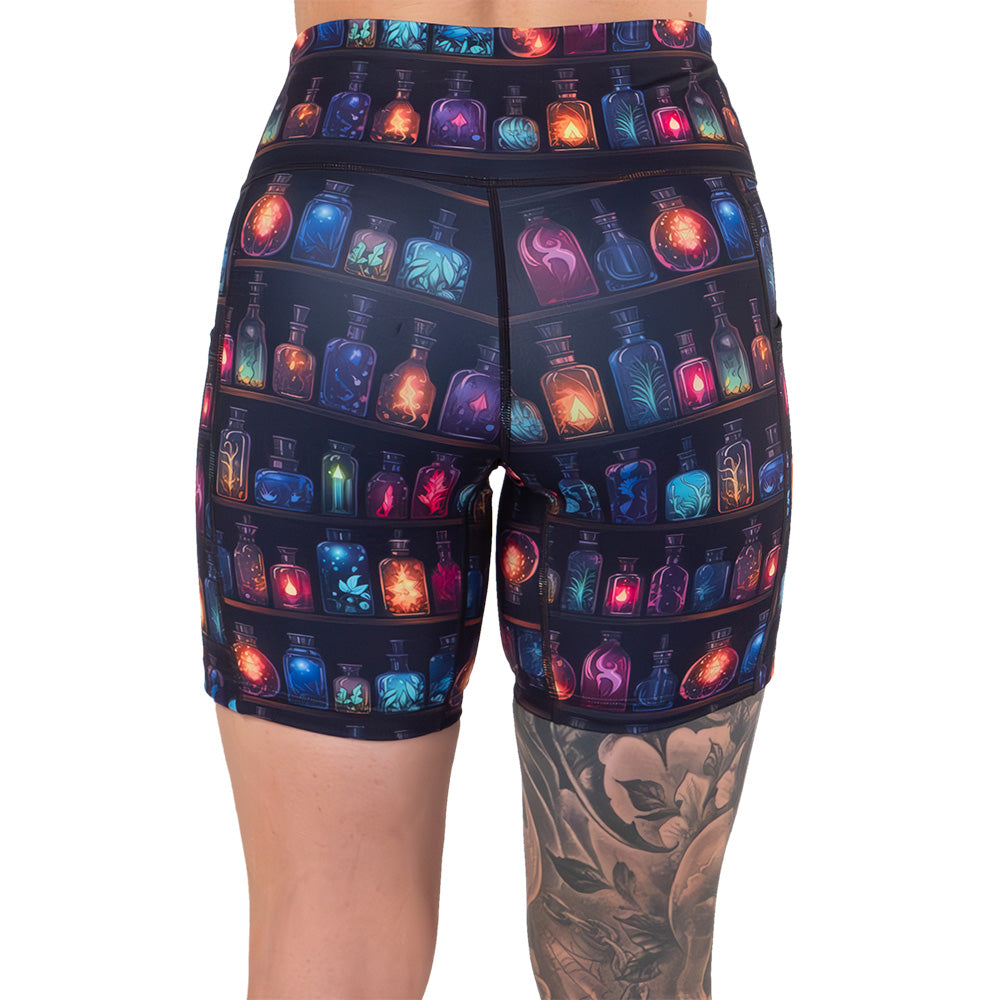 back of the 7 inch potions patterned shorts