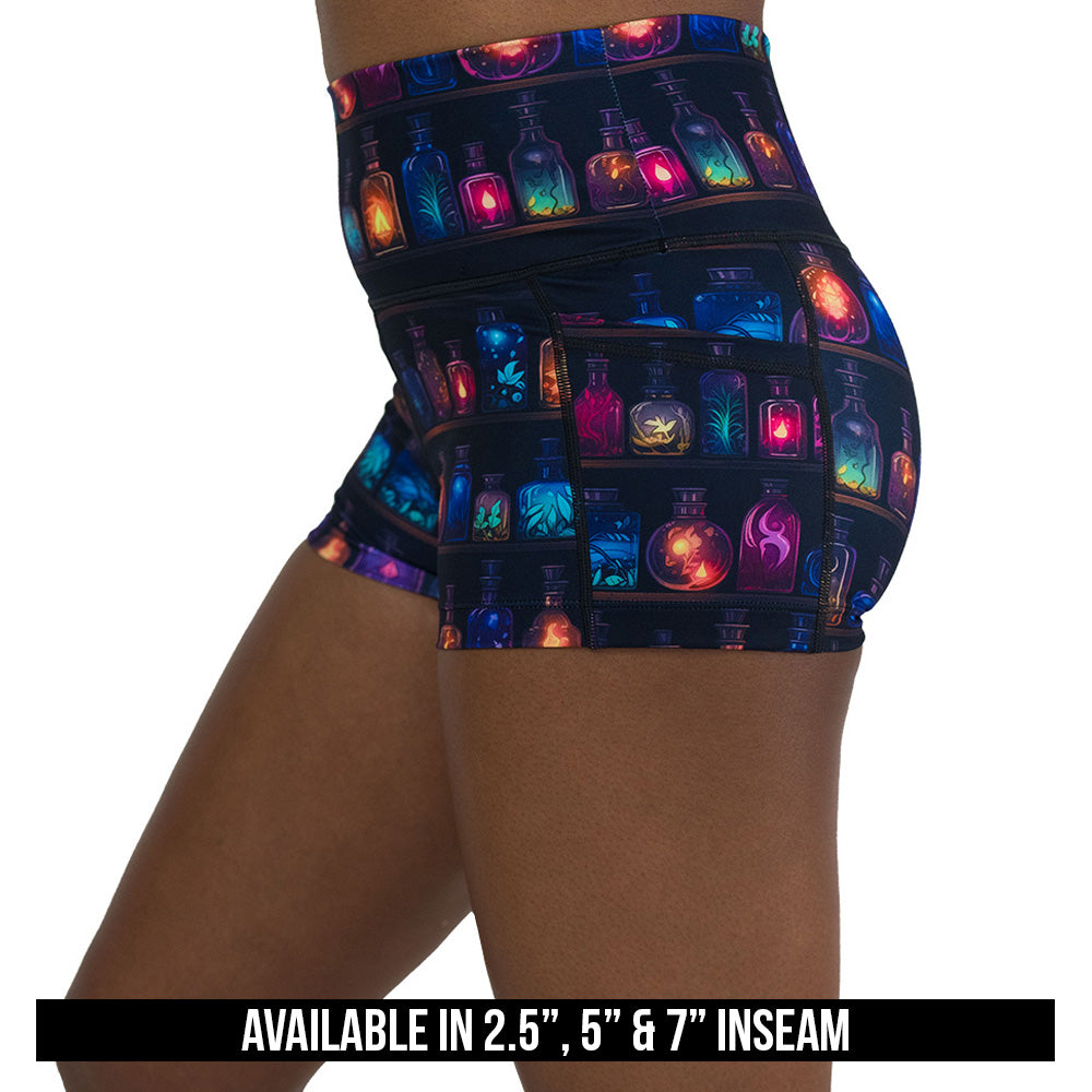 potions patterned shorts available in 2.5, 5 & 7 inch inseams