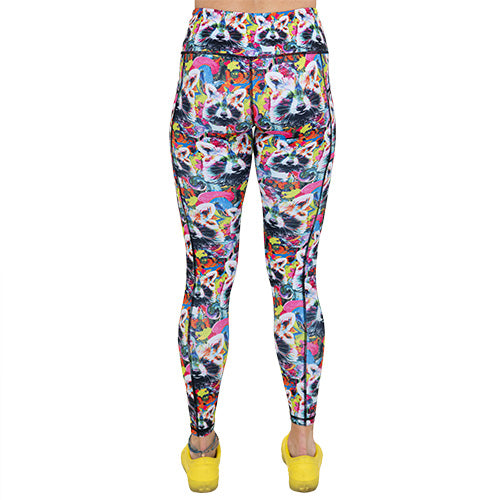 back of colorful raccoon print leggings