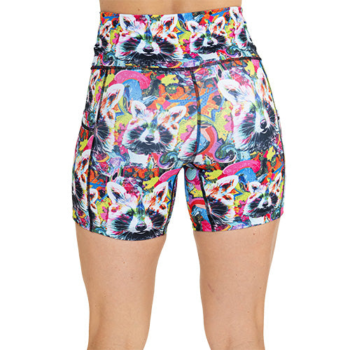 back of colorful raccoon print shorts