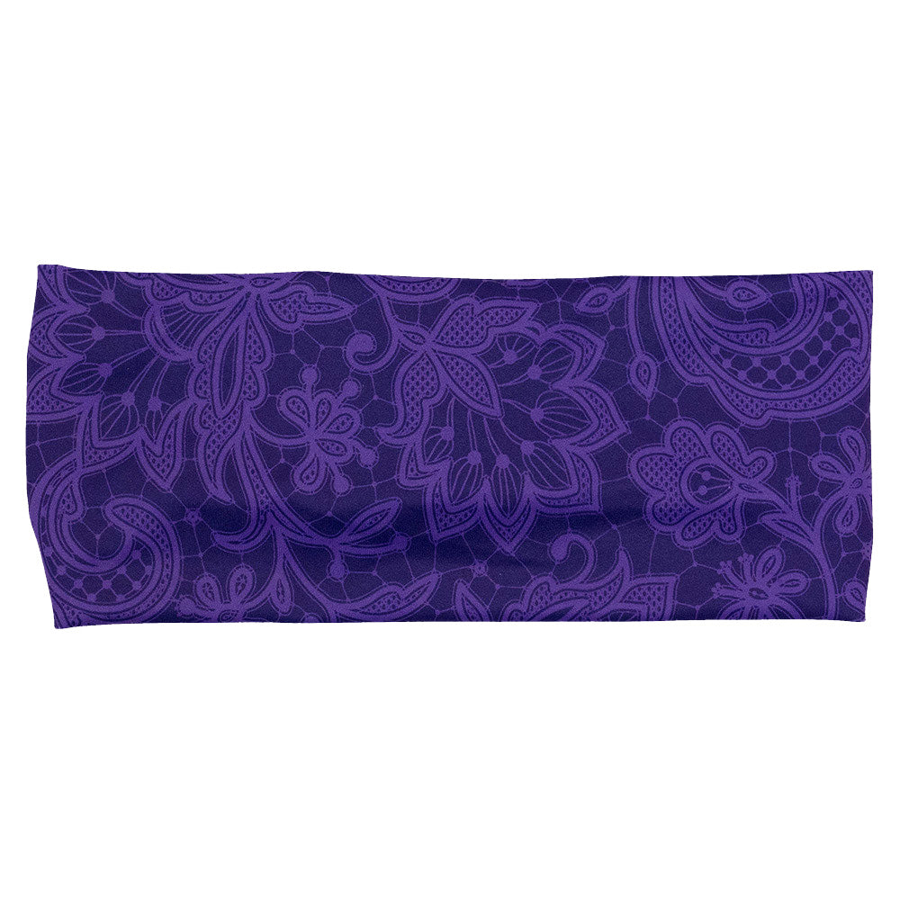 front of the purple flower artwork headband against a white background