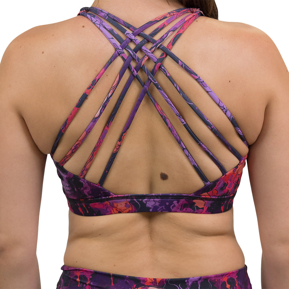 back of the purple and orange skull patterned bra