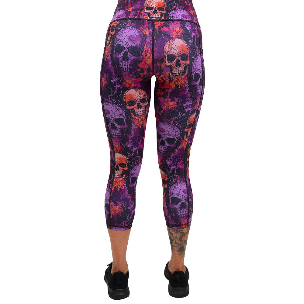 back of the purple and orange skull patterned leggings