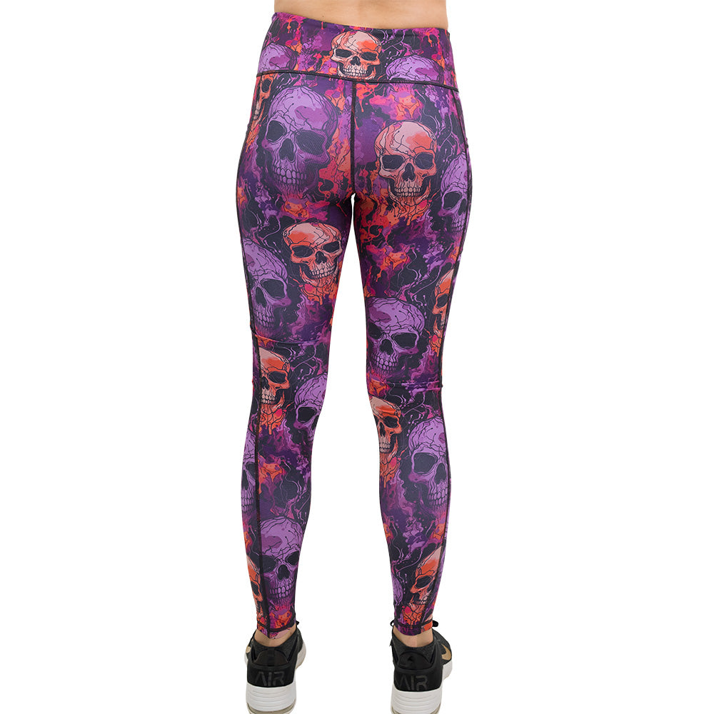 back of the purple and orange skull patterned leggings
