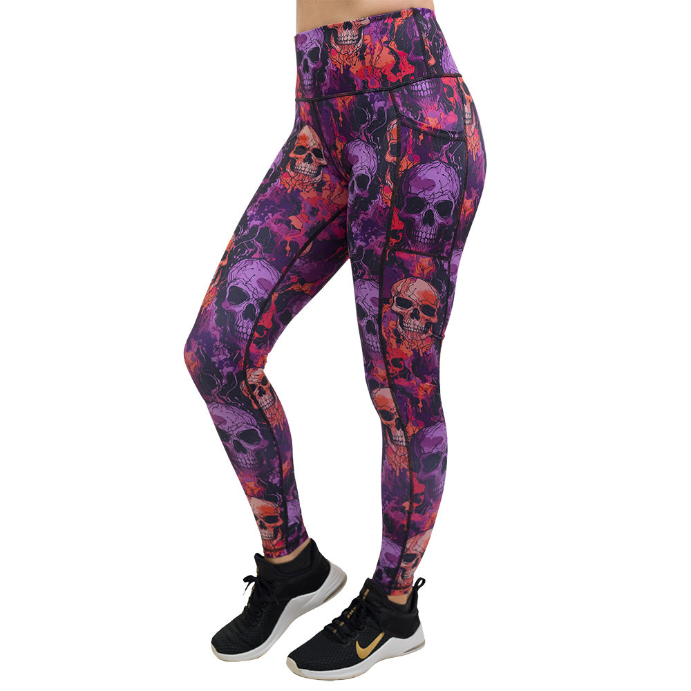 purple and orange skull patterned leggings