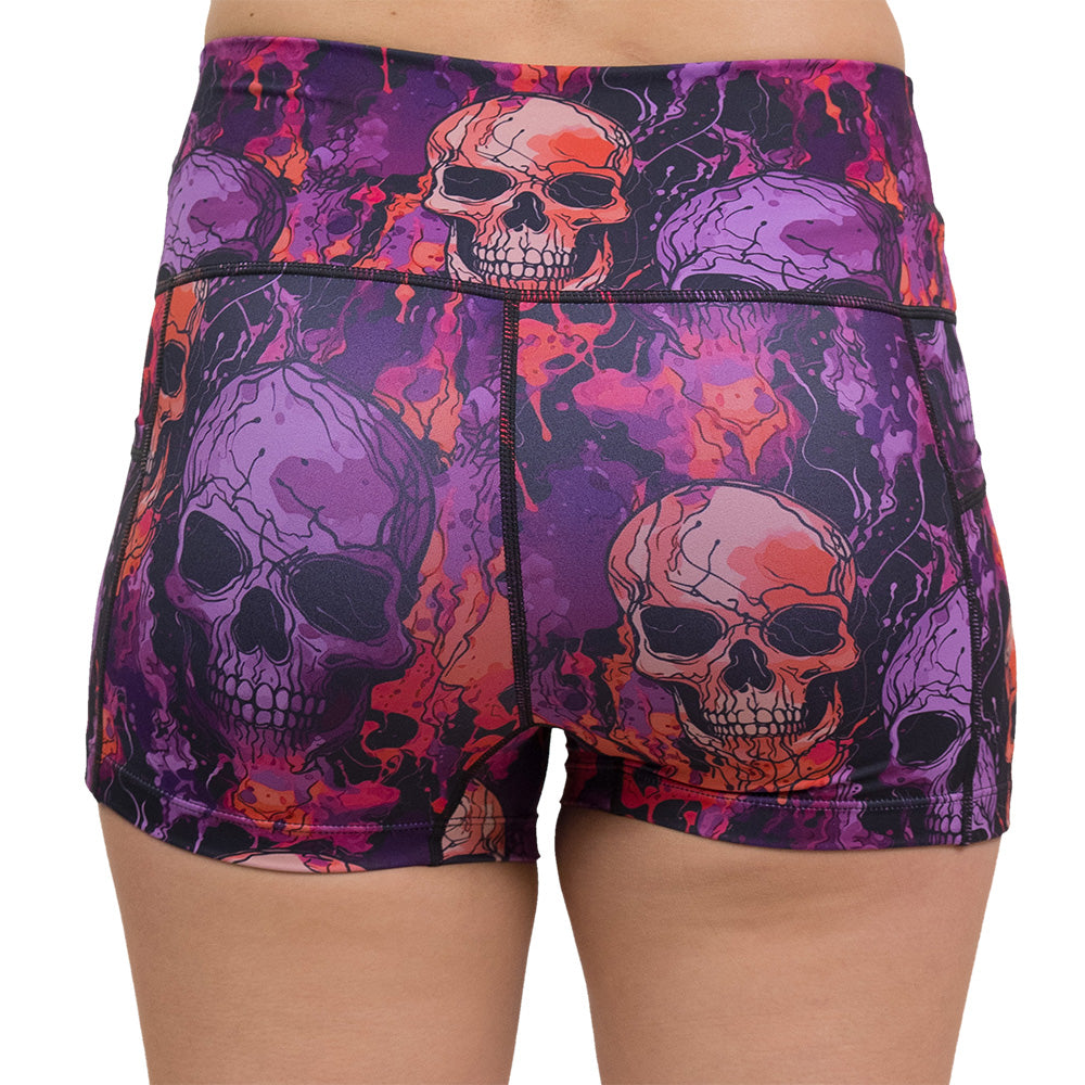 back of the purple and orange skull patterned shorts