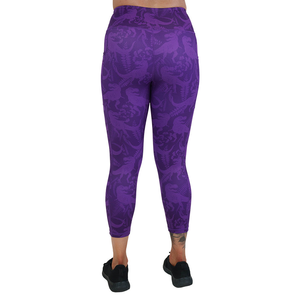back of the purple dinosaur patterned leggings