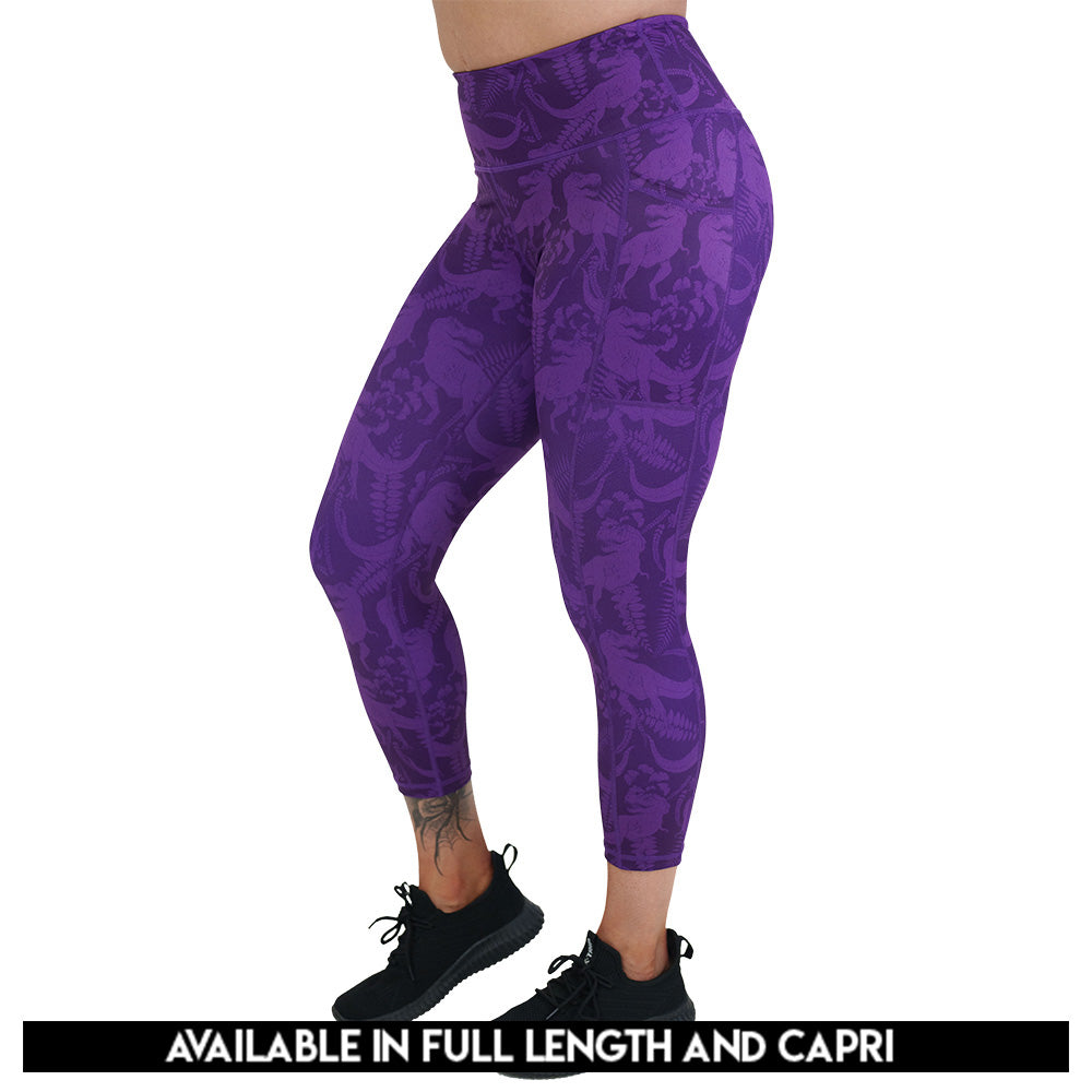 purple dinosaur patterned leggings available in full and capri length