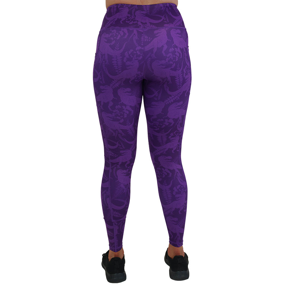 back of the purple dinosaur patterned leggings
