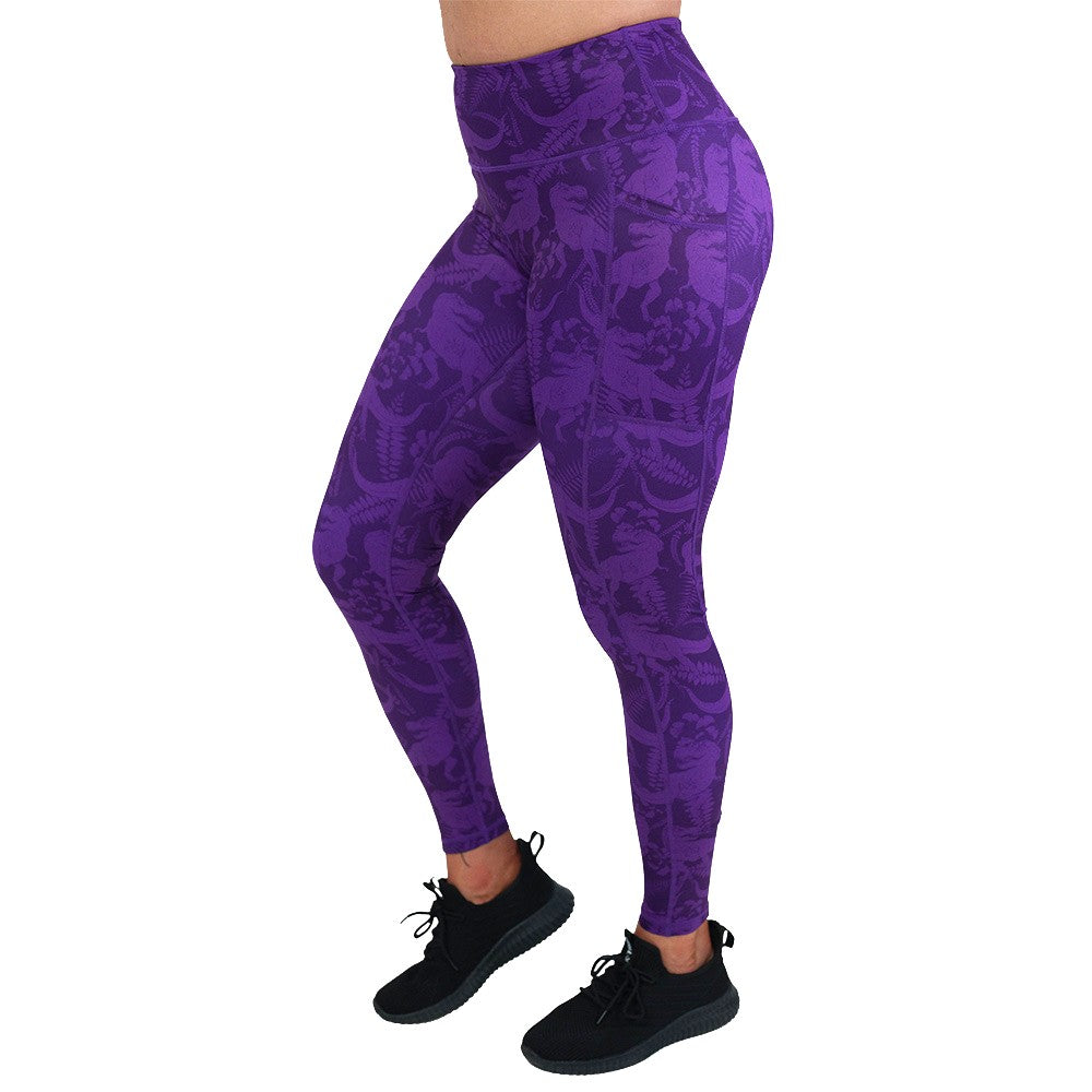 purple dinosaur patterned leggings