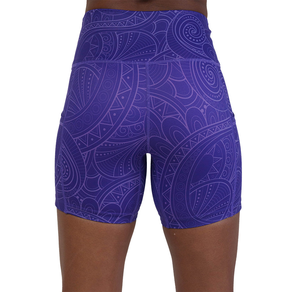 back of the purple shorts with a spiral design
