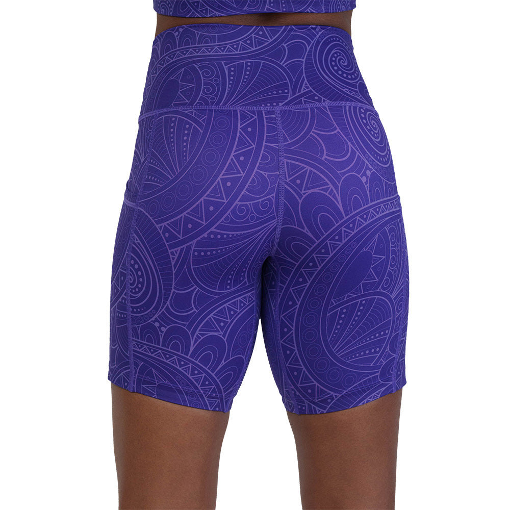 back of the purple shorts with a spiral design