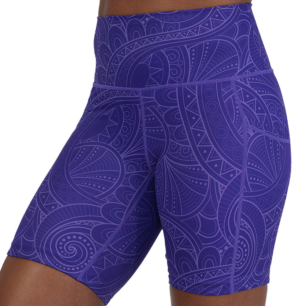 purple shorts with a spiral design