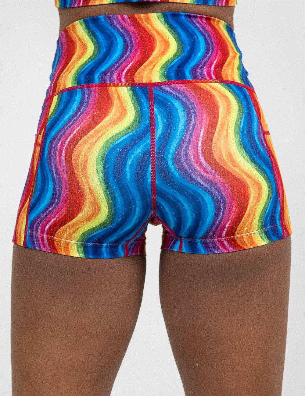 back of the 2.5 inch rainbow waves shorts against a white background