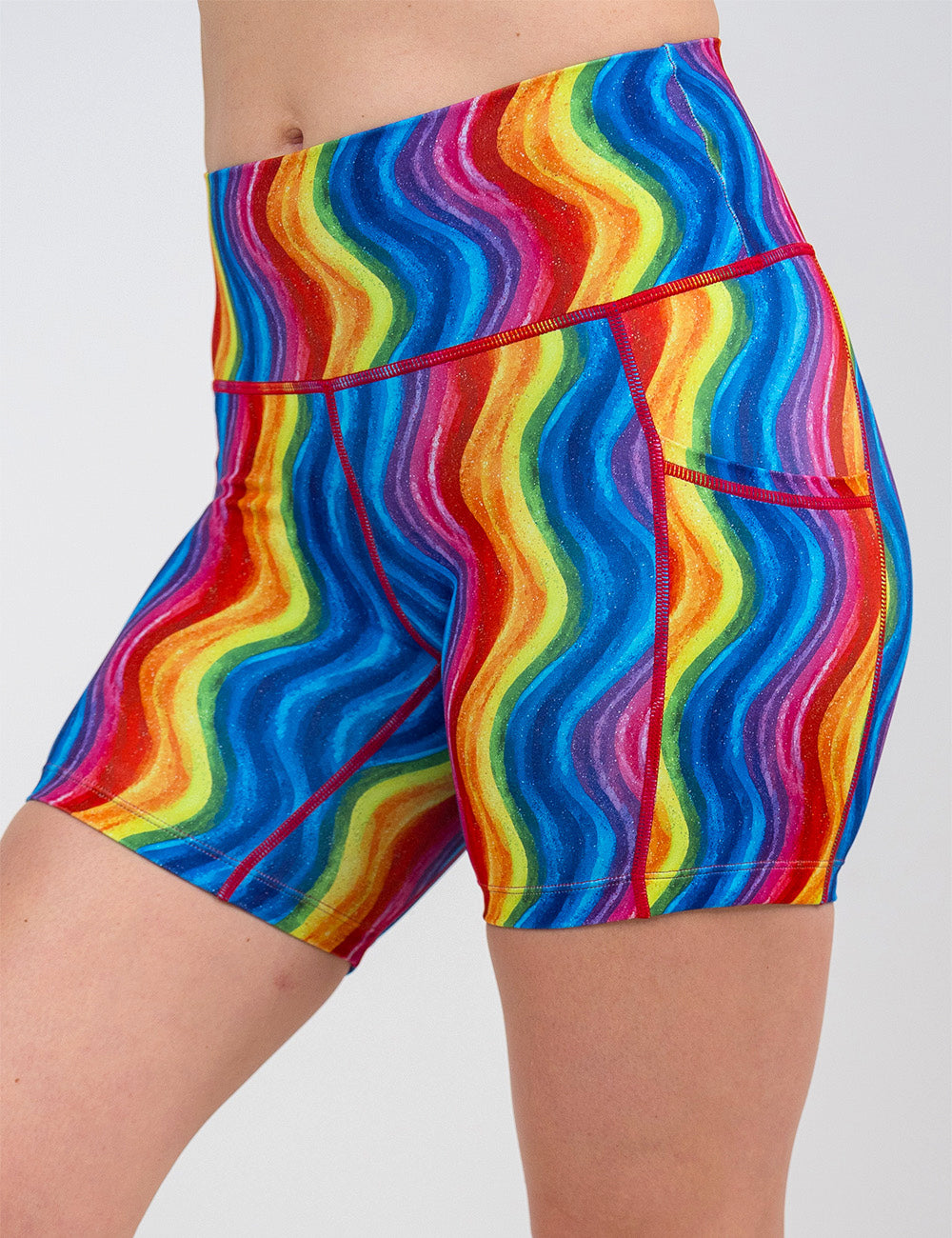 front of the 5 inch rainbow waves shorts against a white background
