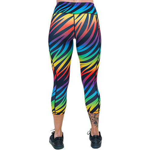 back of capri length rainbow zebra pattern leggings