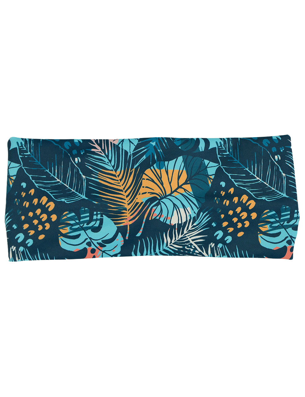 front of the blue, pink, yellow, and red tropical leaves headband against a white background