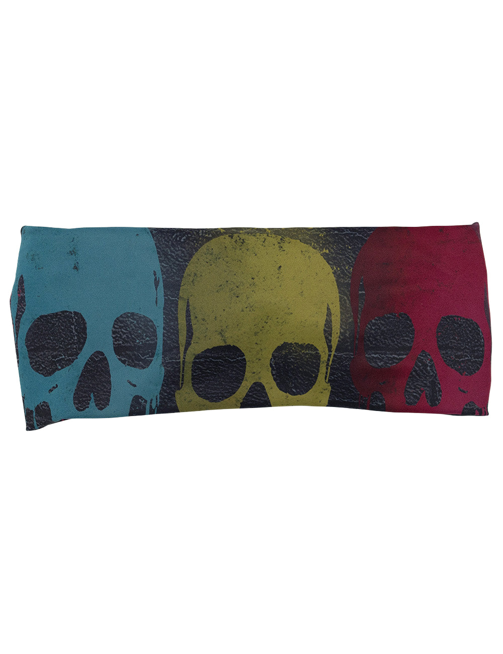 front of the black brick with spray painted skulls headband against a white background