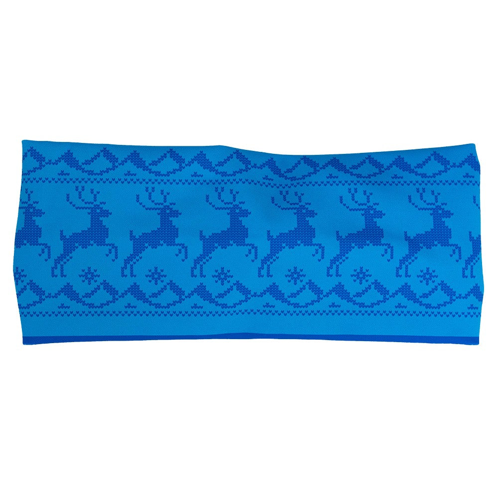 Blue patterned headband with reindeer design