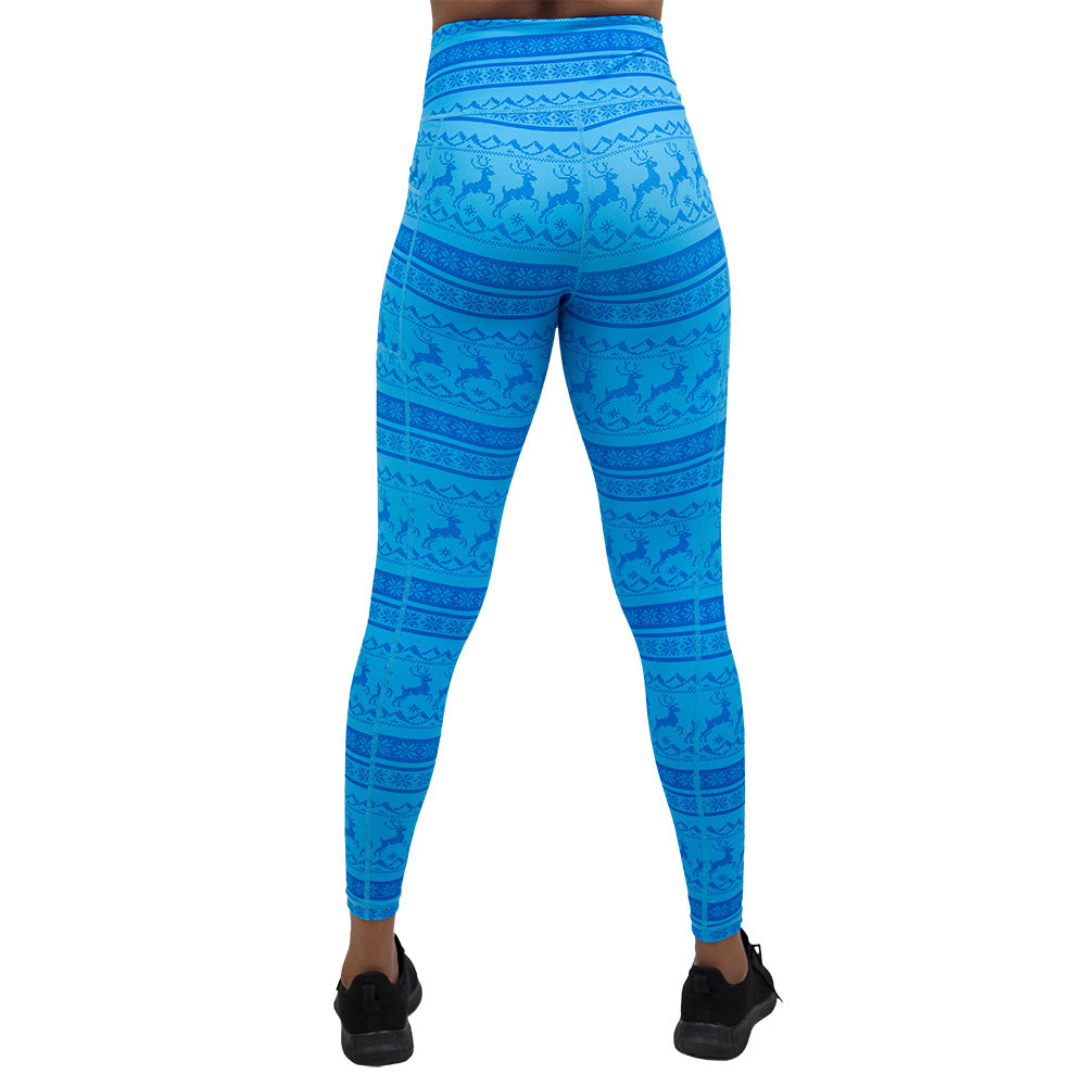 back of the blue patterned leggings with reindeer design
