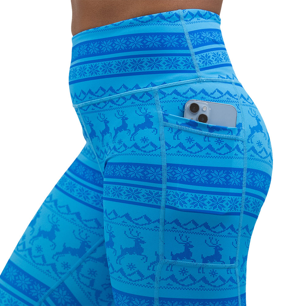 Blue patterned leggings with reindeer design
