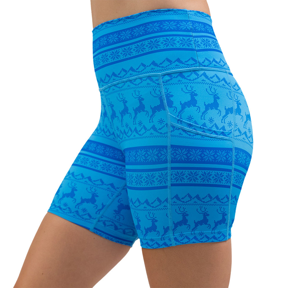 blue patterned shorts with reindeer design