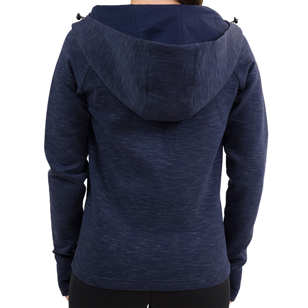 back of the navy blue rest day zip up sweatshirt against a white background
