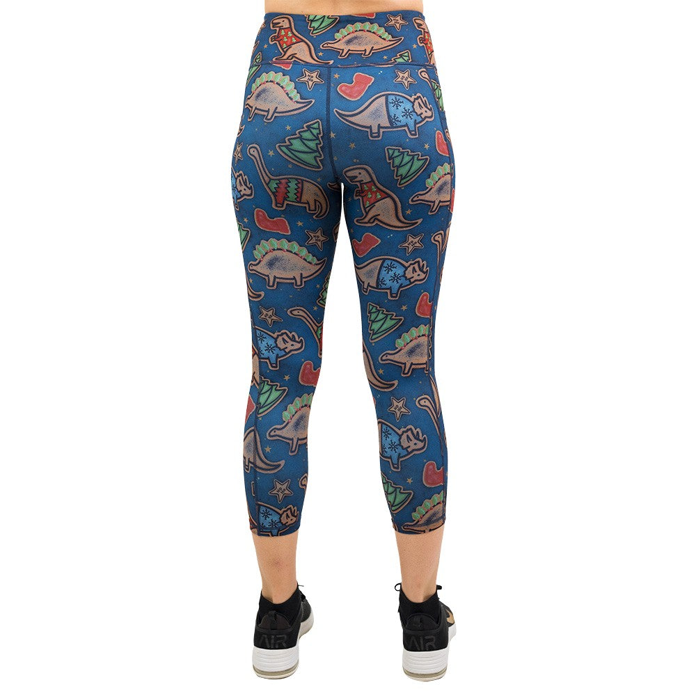 back of the Colorful Christmas dinosaur-patterned leggings