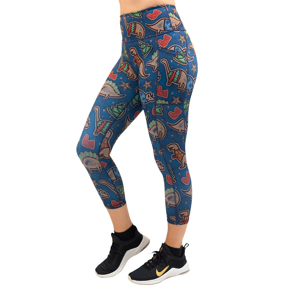 Colorful Christmas dinosaur-patterned leggings
