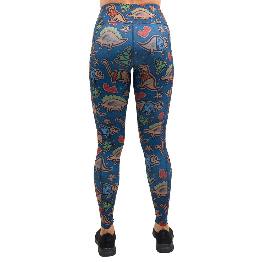 back of the Colorful Christmas dinosaur-patterned leggings