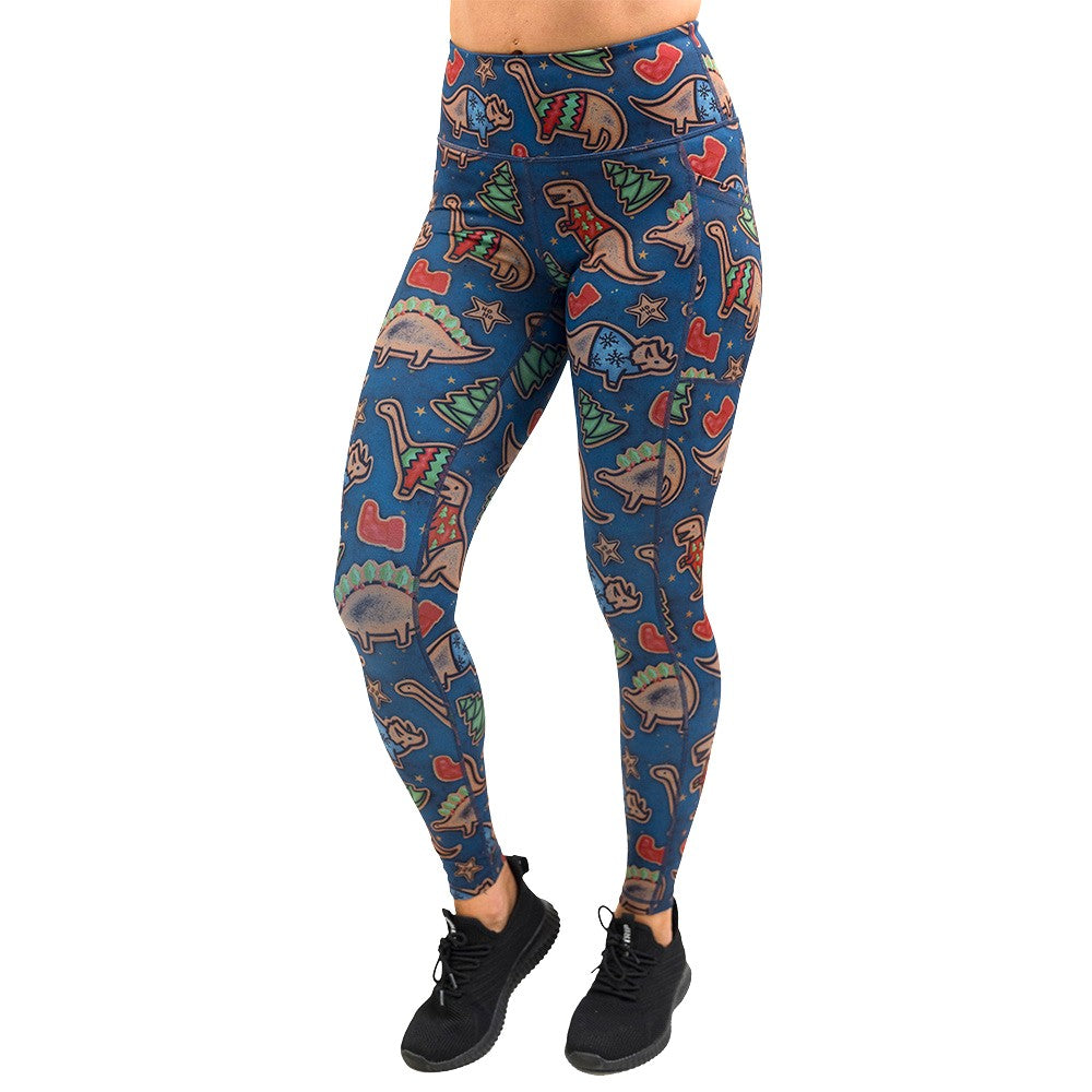 Colorful Christmas dinosaur-patterned leggings