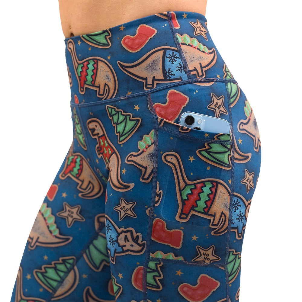 Colorful Christmas dinosaur-patterned leggings