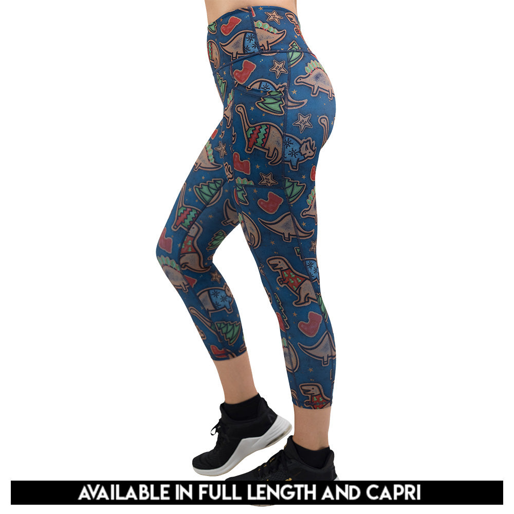 Colorful Christmas dinosaur-patterned leggings